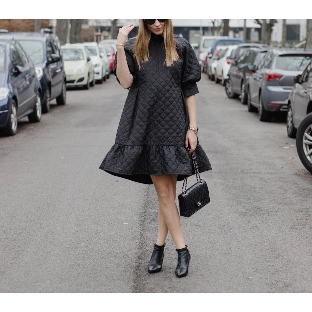 Marielle Almelo Sarah Black Quilted Puff Sleeve Babydoll Dress